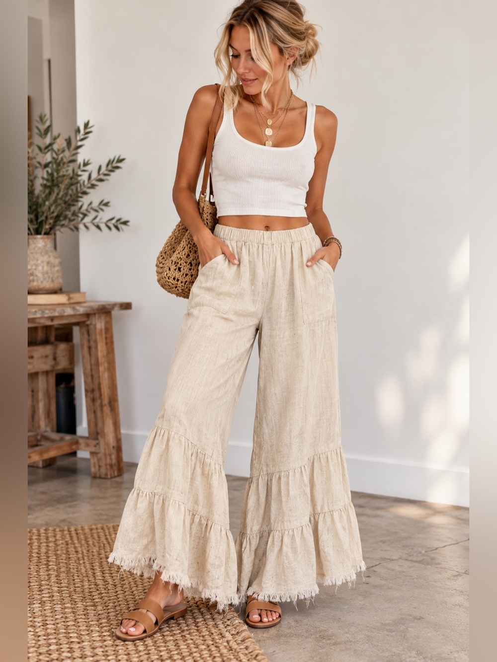 Umgee Linen Blend Ruffle Wide Leg Pants Women’s Medium Boho Coastal